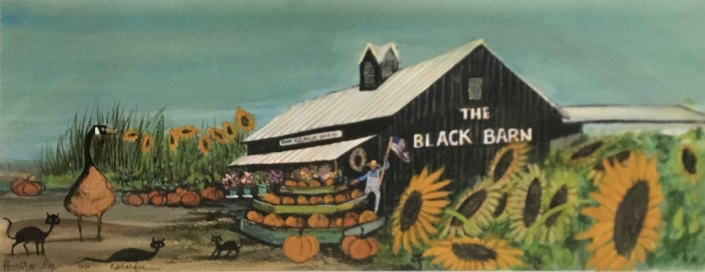Remarqued art by P Buckley Moss of print of Our Black Barn. Added goose in rust.