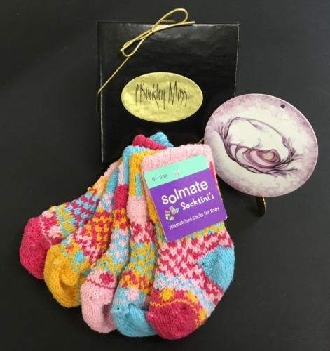 Solmate Cuddle Bug Baby Socks and P Buckley Moss Baby Girl Ornament.