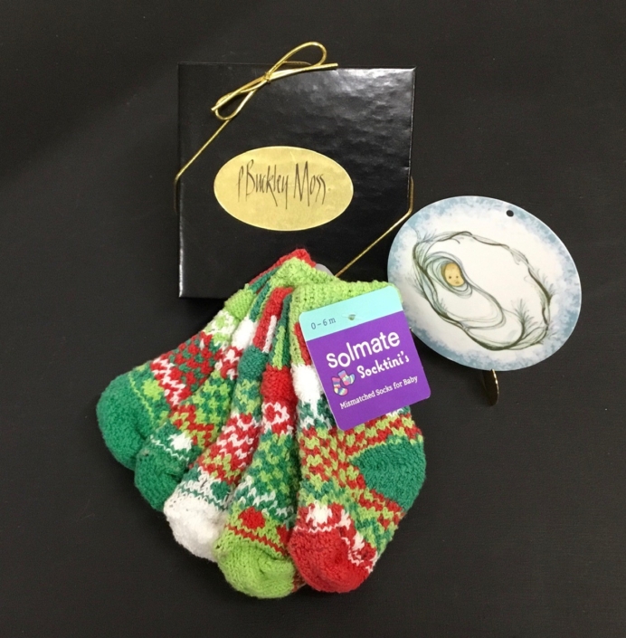 Solmate Humbug baby socks and P Buckley Moss Baby Girl Ornament