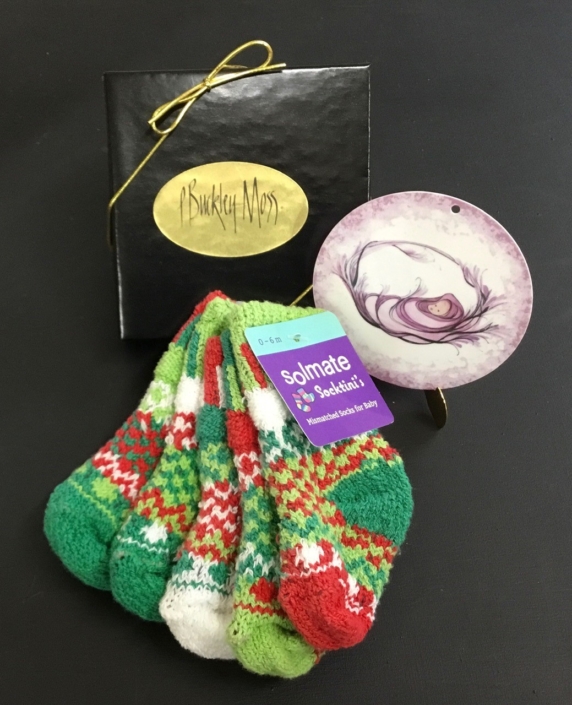 Solmate Humbug baby socks and P Buckley Moss Baby Girl Ornament