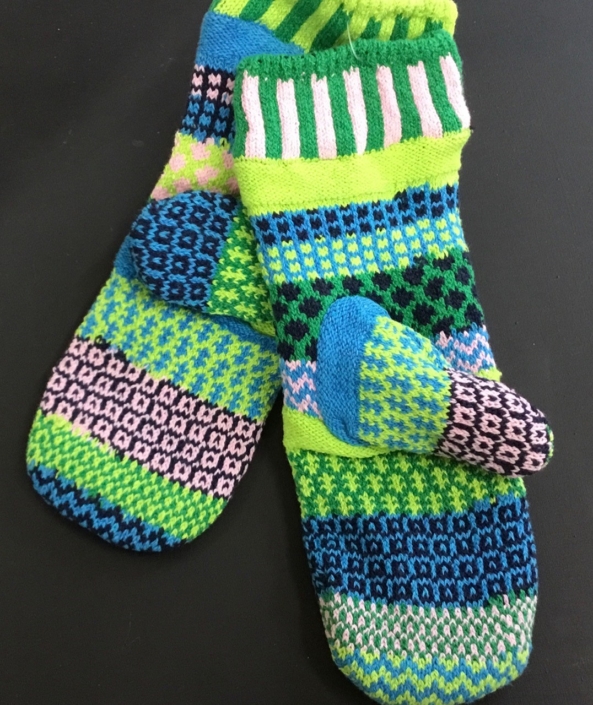 Solmate Water Lily Mittens in greens, pink, blue and rose.