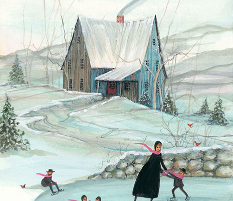 Christmas Day limited edition print by P Buckley Moss features a homeplace in the country with a family of skaters on the pond. Blues, greens and pink for the scarves.