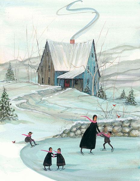 Christmas Day limited edition print by P Buckley Moss features a homeplace in the country with a family of skaters on the pond. Blues, greens and pink for the scarves.