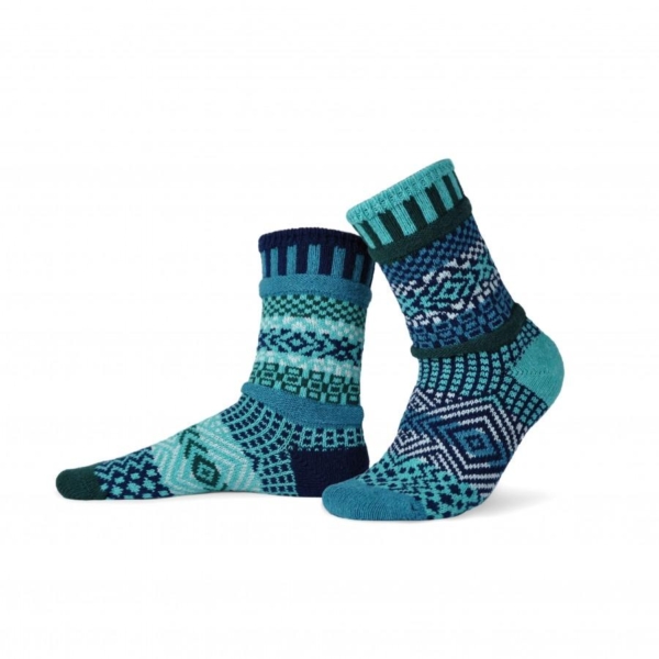 Solmate Evergreen Crew socks in aqua, navy, cream, teal & forest green.