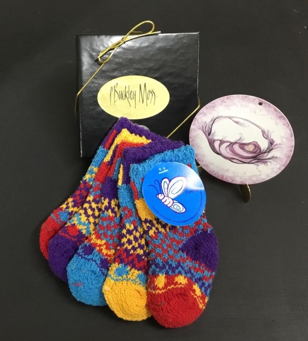 Solmate Firefly baby socks and P Buckley Moss Baby Girl Ornament