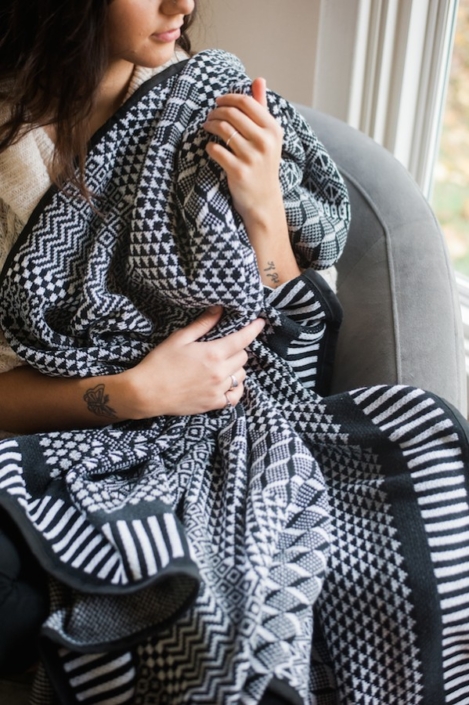 Solmate Midnight blanket in black and off white. Recycled Cotton and recycled rayon.