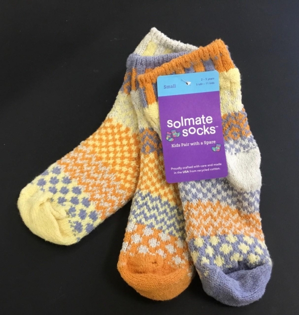 Solmate Puddle Duck kids socks in blue, yellow, cream, and orange.