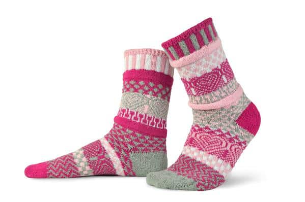 Solmate Cupid Crew Socks in light pink, magenta, gray, and white.