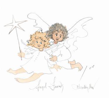Angel Friends limited edition print by P Buckley Moss features two angels dressed in white one with dark hair and one with light hair.