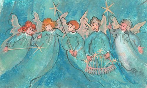 Glad Tidings limited edition print by P Buckley Moss features five angels dressed in similar green gowns.
