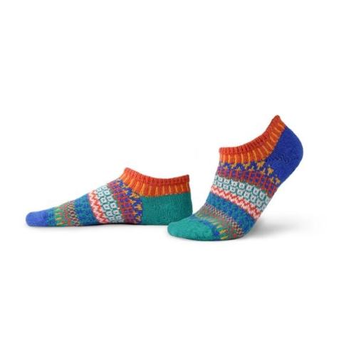 Solmate Cayenne Ankle Sock features orange, teal, aqua, gold and peach.