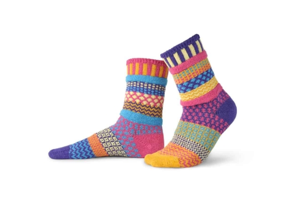 Solmate Sunny Crew Sock features colors of gold, aqua, magenta, pink pale green.