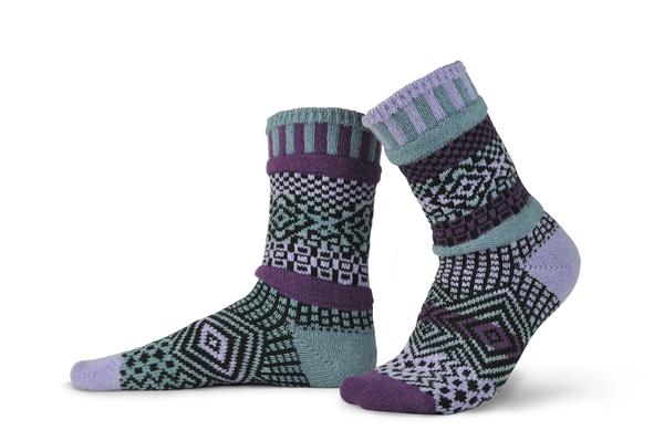 Solmate Wisteria crew sock features colors Purple lavender, black, light teal.