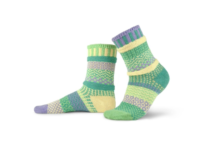 Solmate Crew Socks Chick-A-Dee in pastel yellow, lavender, mint green, teal.