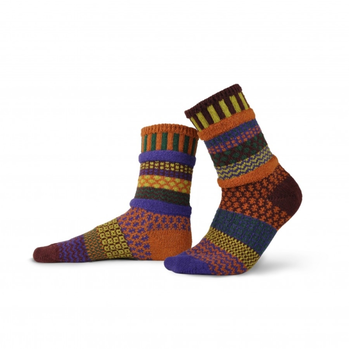 Solmate Fall Foliage Crew Socks in burnt orange, marigold, forest green, purple, maroon.