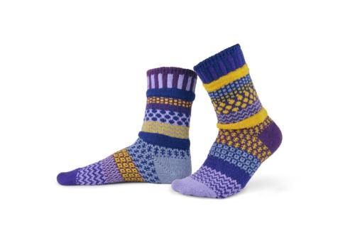 Solmate Purple Rain Crew Socks in Purple, gold, blue and lavender.