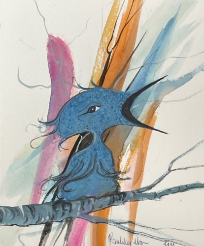 Blue fledgling bird watercolor P Buckley Moss