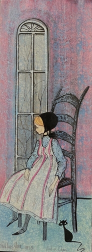 Original Watercolor Girl in Tall Chair with black cat P Buckley Moss