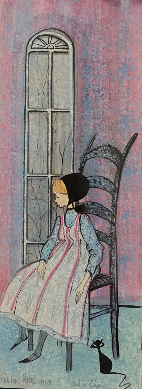 Original Watercolor Girl in Tall Chair with black cat P Buckley Moss