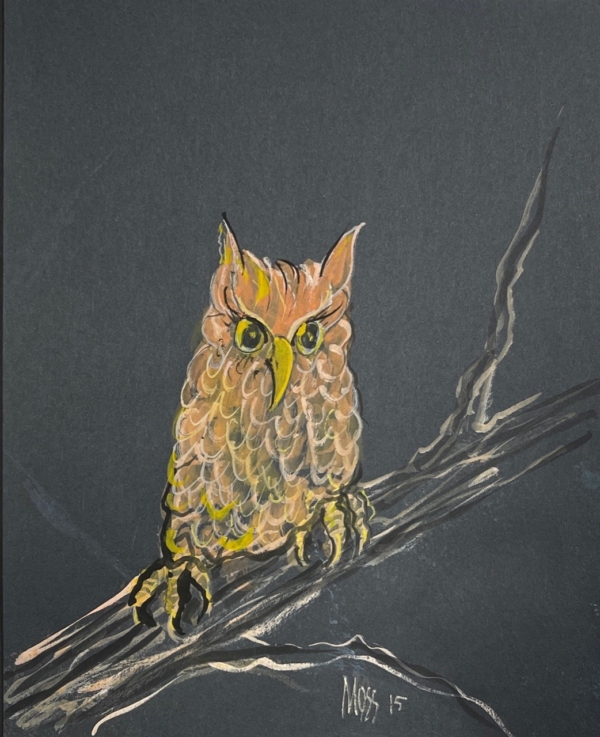 Original watercolor owl on black paper P Buckley Moss