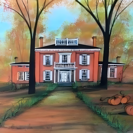 Original watercolor painting, one of a kind by P Buckley Moss. Colors are all the colors we think of an love during the Fall. Oranges, greens and golds. Pumpkins are also highlighted.