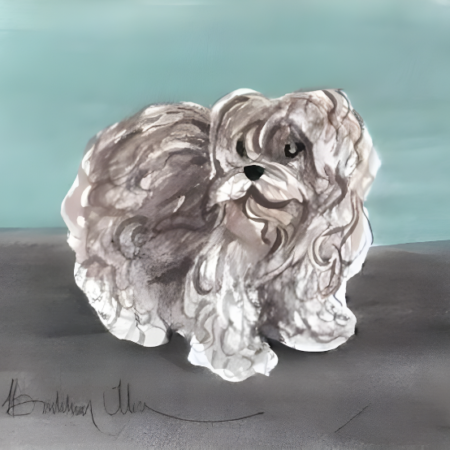 Shaggy dog original watercolor painting by P Buckley Moss featuring a small dog in tans, gray and white with brown and turquoise background.