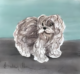 Shaggy dog original watercolor painting by P Buckley Moss featuring a small dog in tans, gray and white with brown and turquoise background.