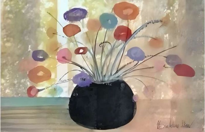 Original Watercolor painting of black pot with colorful flowers elegantly placed. P Buckley Moss artist. Colors of sage green, light pink, white or blank spaces and aqua in the background with black pot and bright shades of red, blue, tangerine and lavender for flowers.