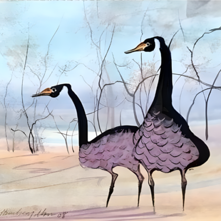 Two geese with light purple breast feathers, tan and blue background with trees as an accent to the painting by P Buckley Moss.