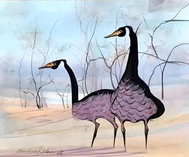 Two geese with light purple breast feathers, tan and blue background with trees as an accent to the painting by P Buckley Moss.