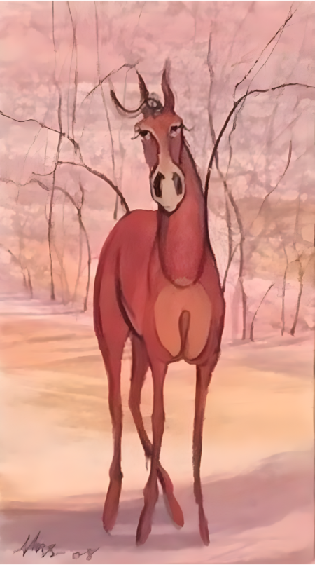 Original watercolor painting by P Buckley Moss featuring a standing horse in shades of rust with background colors of peach, tans and corals.