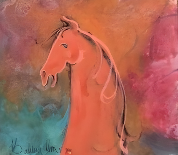 Original watercolor miniature painting by P Buckley Moss featuring the side view of horse head and neck. Copper horse with brown-black main with background of blended turquoise, rose, tangerine and earth tones.