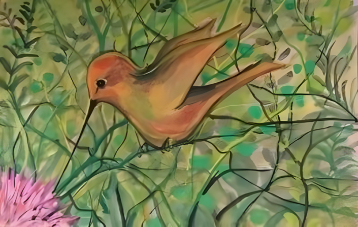 Hummingbird original watercolor painting in shades of soft yellow, rust and green by P Buckley Moss. Background is an array of leafy greens and brown branches.