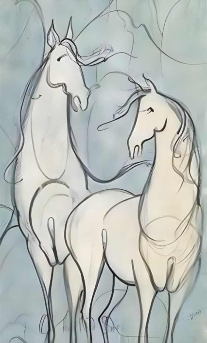 On the Wild Side by P Buckley Moss features two white, cream and gray horses against a background of shades of light aqua.