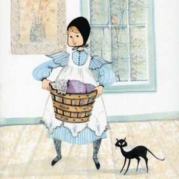 Art-Artist-PBuckleyMoss-CanadaGooseGallery-WaynesvilleOhio-LimitedEdition-Print-HomeDecor-Decorating-LaundryRoom-BlackCat-Basket-Girl-Child