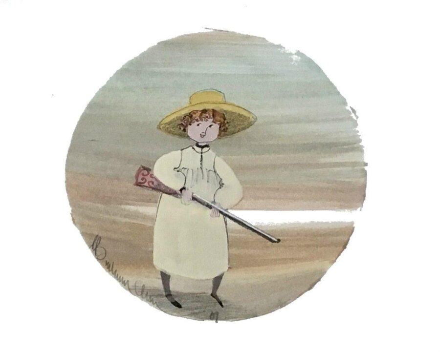 Miniature watercolor by P Buckley Moss featuring a young girl with straw