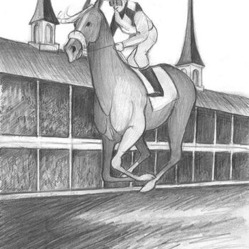 Front Runner limited edition print sketch by P Buckley Moss features a racing horse on the track in front of the visitor stands.