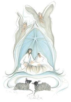 A Child Is Born by P. Buckley Moss showing the Nativity with Mary, Joseph, baby Jesus, angels and lambs.