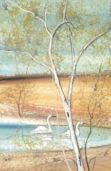 Country Courtship is a limited edition print by P Buckley Moss featuring a landscape with small leafy tree and pond. White birch tree