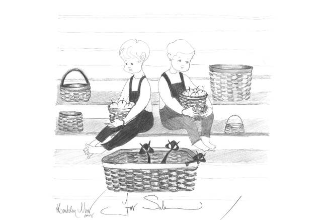 For Sale limited edition sketch print by P. Buckley Moss - Two Boy and Basket and Cat Collections.
