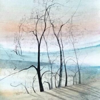 Original Watercolor painting by P Buckley Moss of landscape featuring colors of light and darker aqua