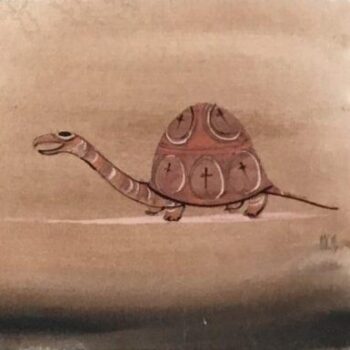 Turtle Original Watercolor Painting by P Buckley Moss available only at Canada Goose Gallery in Waynesville Ohio. Turtle facing left in shades of rust and cream with accents of earth colors