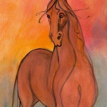 Goldie is a limited edition giclee print on canvas by P Buckley Moss. Enjoy the texture. Very colorful background with pops of orange and rose to compliment the rust colors of the horse.