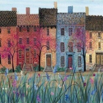 Graced by Spring limited edition print by P Buckley Moss featuring soft colored buildings with spring flowers in the foreground. Vibrant colors of reds