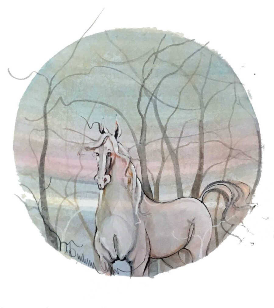Original watercolor painting of horse by American artist P Buckley Moss. Hard to find miniature original art. This art piece available only at Canada Goose Gallery in Waynesville