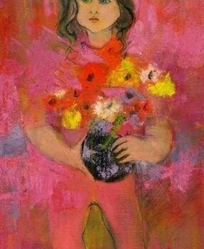 Small girl child limited edition giclee print on canvas. Girl holding a pot of colorful flowers in a dark pot with lots of reds in the background.