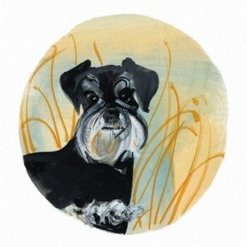 Schnauzer Too limited edition print by P Buckley Moss features a black and white Schnauzer on a background of yellow