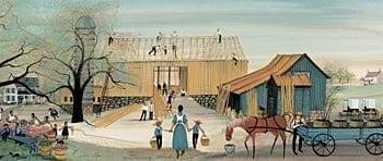 Sharing Work and Fellowship limited edition print is a barn raising theme with colors of cream