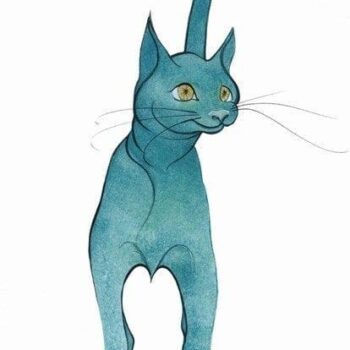 Whimsical interpretation of a beautiful turquoise cat by artist P Buckley Moss