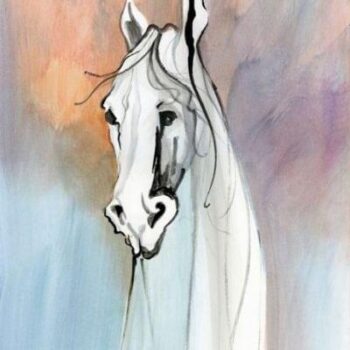 Wise Spirit limited edition print on canvas by P Buckley Moss features the neck and head of a white horse with a colorful background of peach